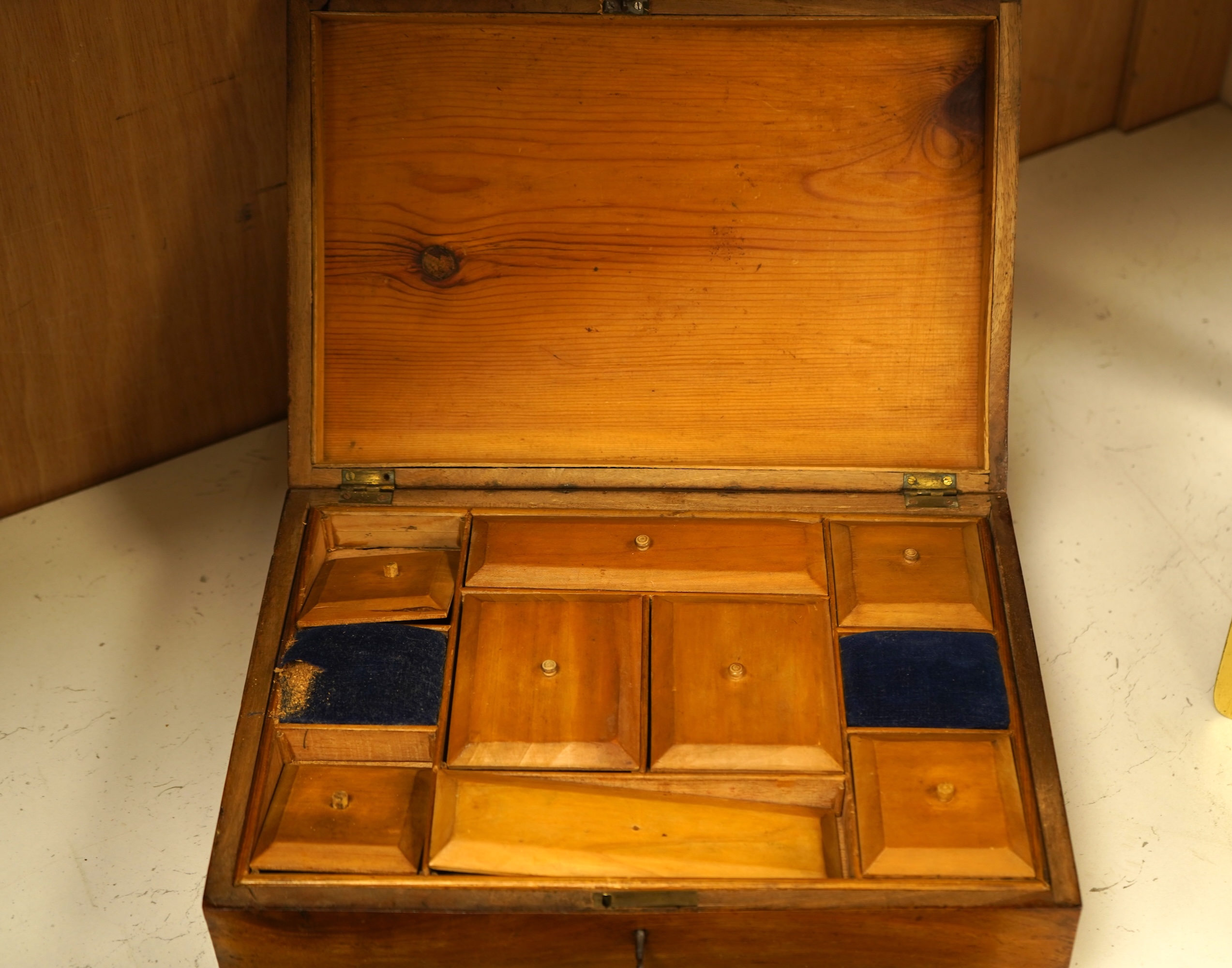 A 19th century Colonial marquetry work box, with key and an oak desk stand, 32cm wide